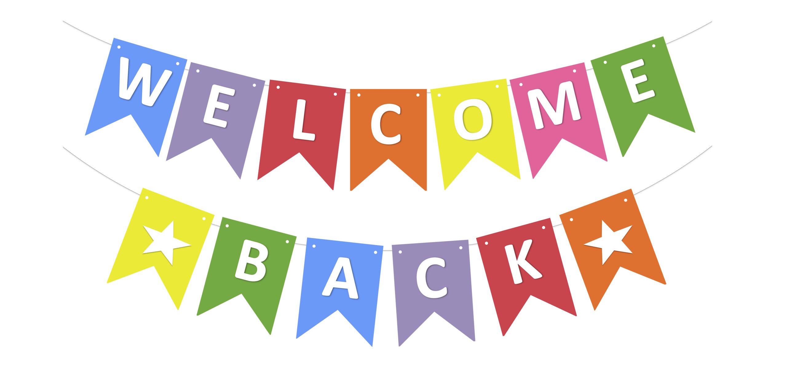 Colorful pennant banner that says "Welcome Back"