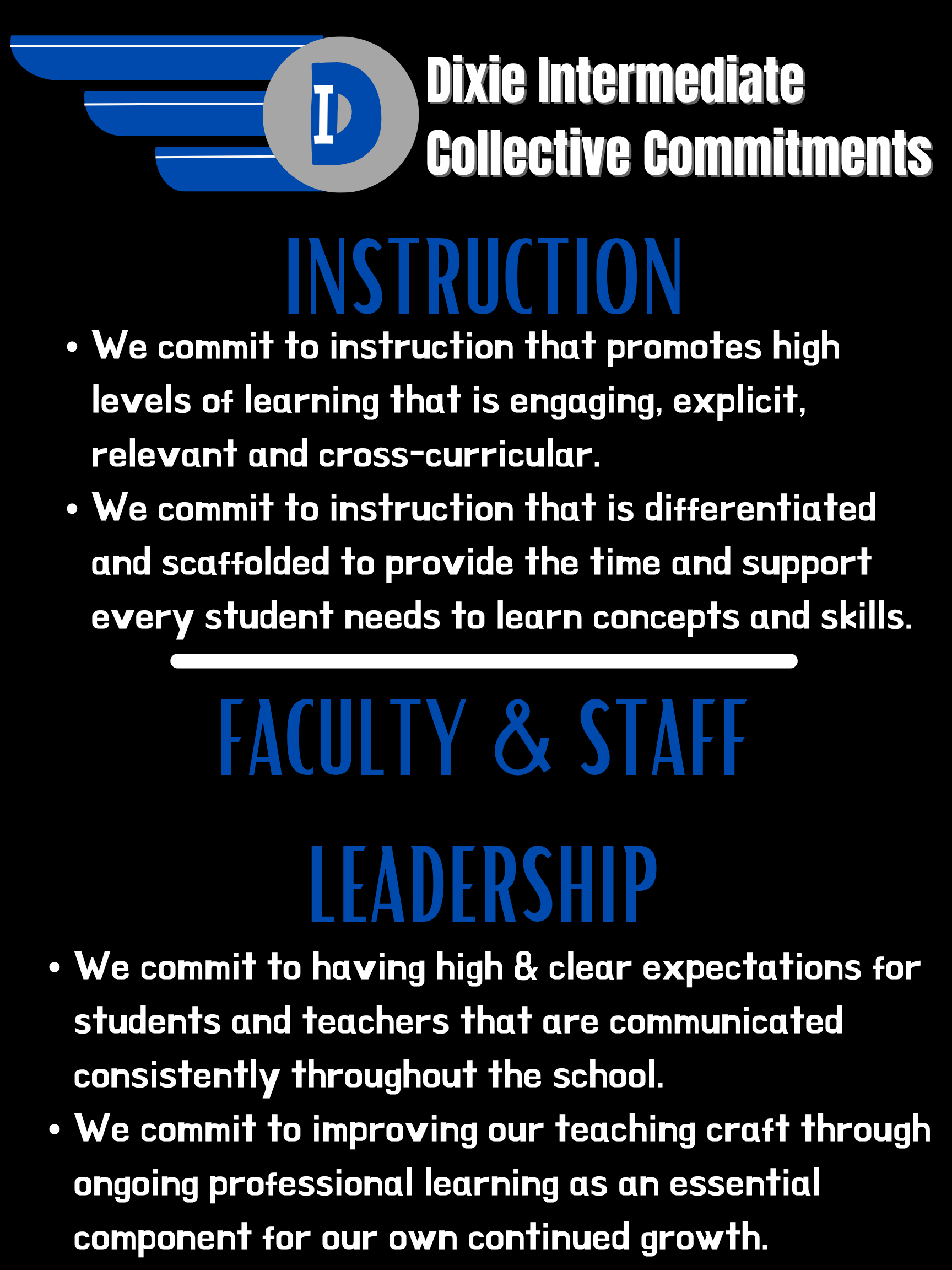 Image of the DIS Collective Commitments for 'Instruction' and 'Faculty & Staff Leadership'. You can read them on the linked pdf. 