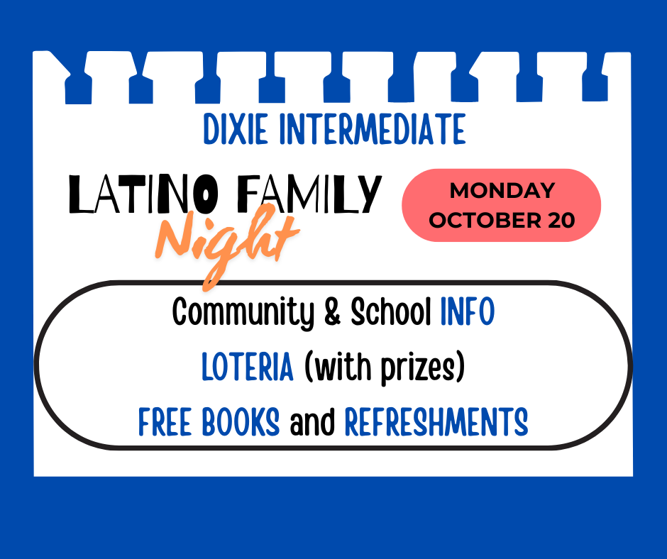 DIS Latino Family Night is Monday, October 20th. Come for community and school information, loteria with prizes, free books and refreshments.
