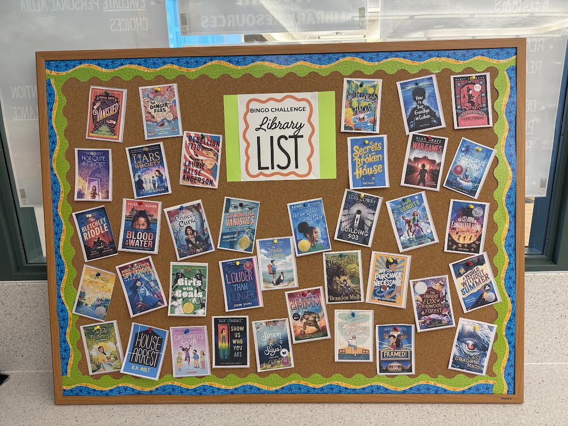 Bulletin Board with covers of all of the books from the library list pinned on it.